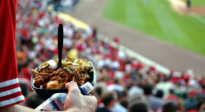 Plate full of food in sportsstadium