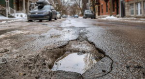 Pothole in street with puddle in it